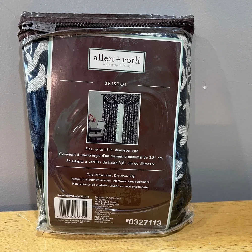 Allen + Roth Bristol Jacquard Damask Rod Pocket Valance Black White 36x20‎ NEW